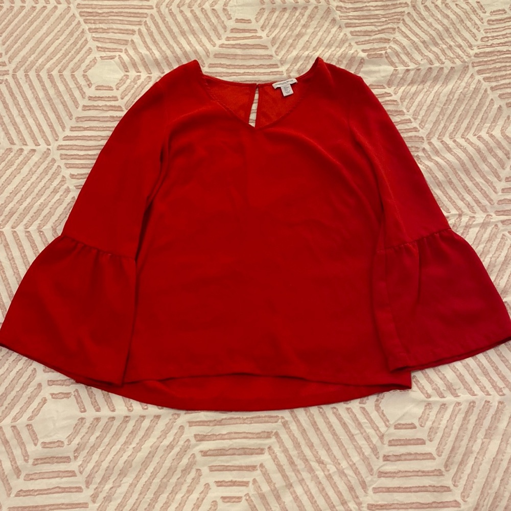 Carolina Belle Red V Neck Bell Sleeve Keyhole Blouse